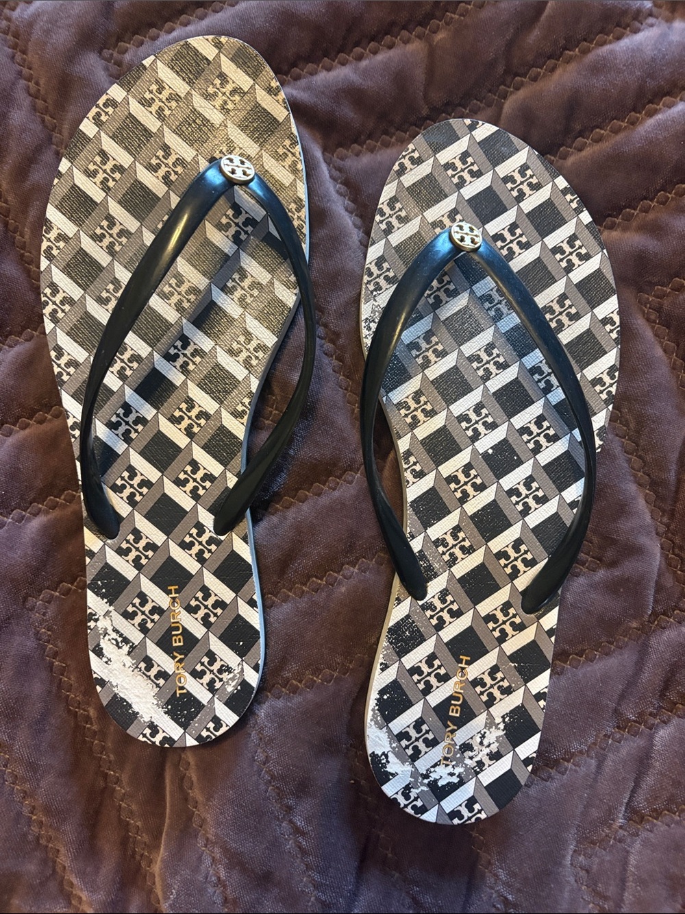 Tory Burch Black & White Checker Logo Flip Flop Sandals